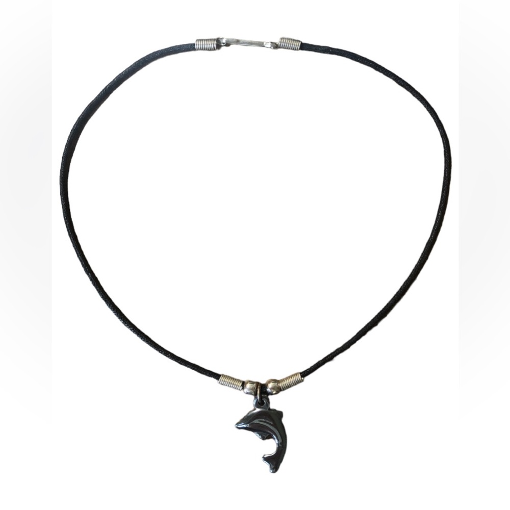 Vintage Polished Hematite Dolphin Pendant Necklace 17.5”